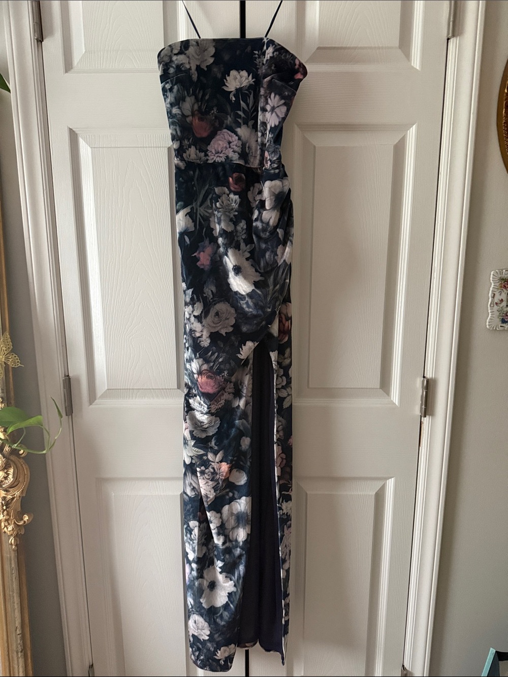 BHLDN Strapless Black Floral Maxi Dress with Pink and Cream Blooms